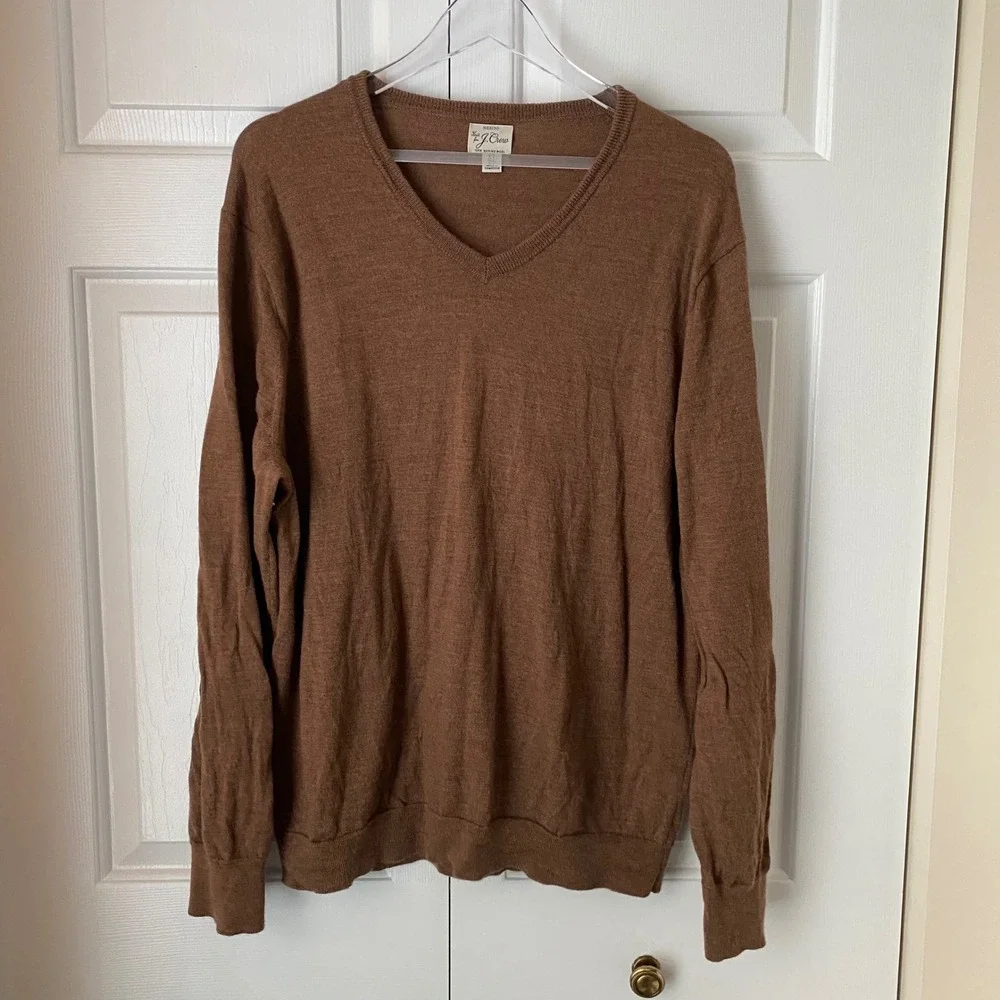 J Crew Mens Merino Wool V Neck Long Sleeve Sweater Brown XL Casual‎ Preppy Cozy